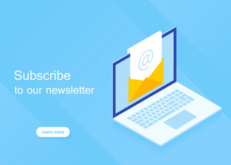 Subscribe to our newsletter. Isometric laptop with newsletter in open envelope. Modern vector illustration in isometric style