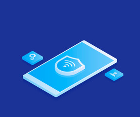 Concept secure network wireless. IOT online synchronization and connection via smartphone wireless technology. Modern vector illustration in isometric style