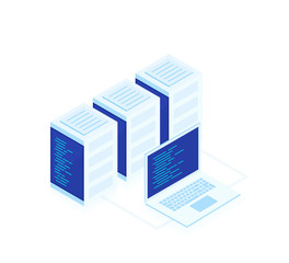 Concept of web hosting .Vector isometric map with business networking servers and laptop.Cloud storage data and synchronization of devices. Modern vector ilustration
