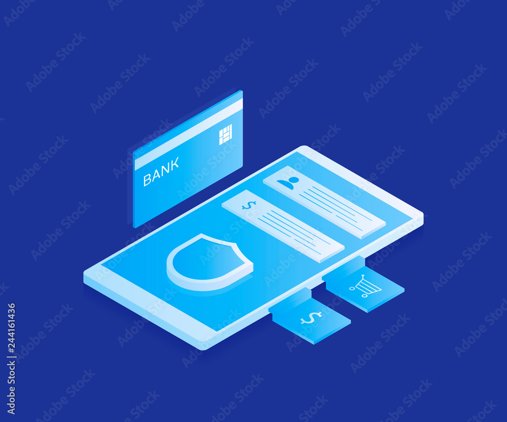 Poster concept of secure mobile payments, personal data protection. transfer money from card. cryptocurrenc