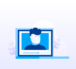 Concept video blogger for web page, banner, presentation, social media, documents. Computer screen with video player. E-learning by the webinar training. Modern flat style vector illustration