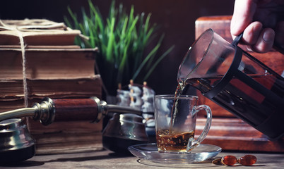 Brewing tea on a wooden table