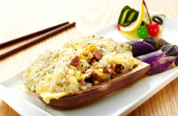 Delicious Chinese cuisine, steamed eggplant with garlic