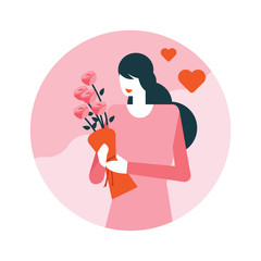 Pretty woman with beautiful flowers bouquet. Happy valentine's day. flat icons design. vector illustration