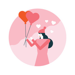 Happy woman holding heart balloons. Happy valentine's day. flat icons design. vector illustration