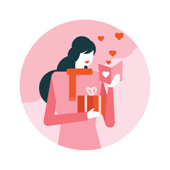Happy woman reading valentine's card, one hand holding gift .Happy valentine's day. flat icons design. vector illustration