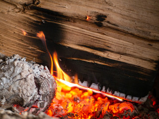 Close-up shot of a log of wood in an oven