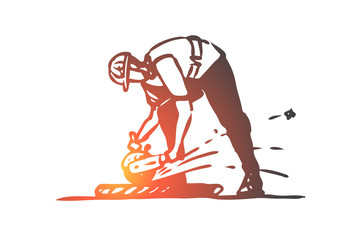 Naklejka premium Cutting, tile, worker, repairing, construction concept. Hand drawn isolated vector.