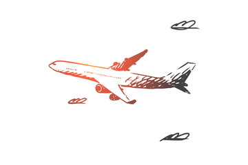 Airplane, sky, flight, transport, trip concept. Hand drawn isolated vector.