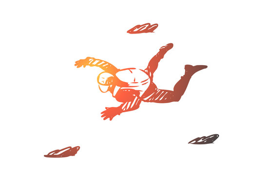 Extreme, jump, parachute, skydiving, fall concept. Hand drawn isolated vector.