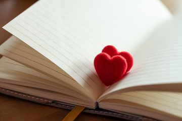 Couple little red hearts in a opened page of literature,