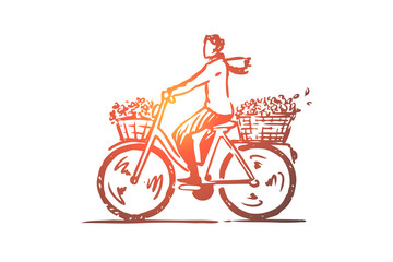 Bike, woman, flower, basket concept. Hand drawn isolated vector.