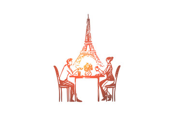 Obraz na płótnie Canvas Couple, Paris, love, romance, feelings concept. Hand drawn isolated vector.