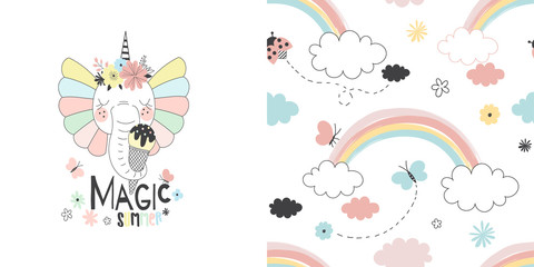 Graphic set with illustration of Fancy cute elephant unicorn with ice cream and summer rainbow seamless pattern. Creative fairy background. Perfect for kids apparel, fabric, textile, nursery