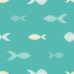 Seamless pattern with fishes in the sea. Cute cartoon. Brushwork. Hand hatching. Doodle. Can be used for wallpaper, textile, invitation card, wrapping, web page background.