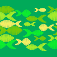 Seamless pattern with fishes in the sea. Cute cartoon. Brushwork. Hand hatching. Doodle. Can be used for wallpaper, textile, invitation card, wrapping, web page background.