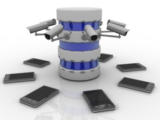 3d rendering Surveillance CCTV Security Camera connected modem around mobile phone