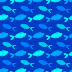 Seamless pattern with fishes in the sea. Cute cartoon. Brushwork. Hand hatching. Doodle. Can be used for wallpaper, textile, invitation card, wrapping, web page background.