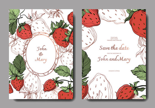 Vector Strawberry fruits. Green leaf. Engraved ink art. Wedding background card floral decorative border.
