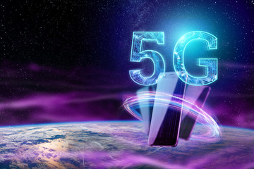 Creative background, the inscription 5G on the background of the globe. The concept of 5G network, high-speed mobile Internet, new generation networks. Copy space, Mixed media.
