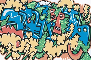 Abstract color drawing with different shapes and textures.