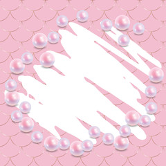 a pencil stroke white with pearls pink and gold Fish scale motif on pink background.