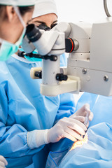 Eye surgery process, treatment of cataract and diopter correction. Surgical implementation of...