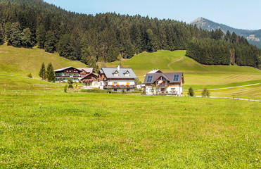 Fototapeta na wymiar Village of Gosau with its wooden houses in the Alps of Austria on a sunny day.