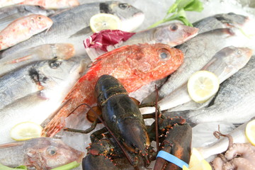 pesce fresco sul bancone di una pescheria