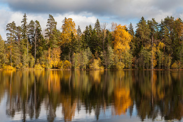 Fototapeta na wymiar Autumn colorful foliage with lake reflection.