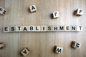 Establishment word from wooden blocks on desk