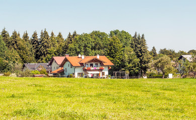 Village of Gosau with its wooden houses in the Alps of Austria on a sunny day.