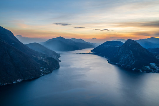 Scenic  sunset over Lake Lugano in swiss Alps, Ticino, Switzerland