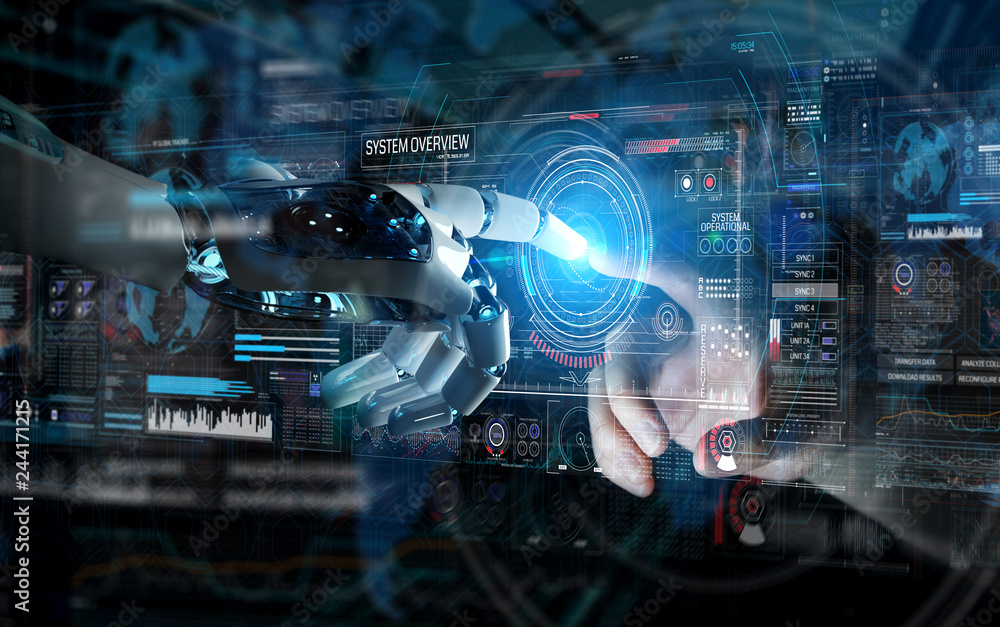 Poster robot hand and human hand touching digital graph interface 3d rendering