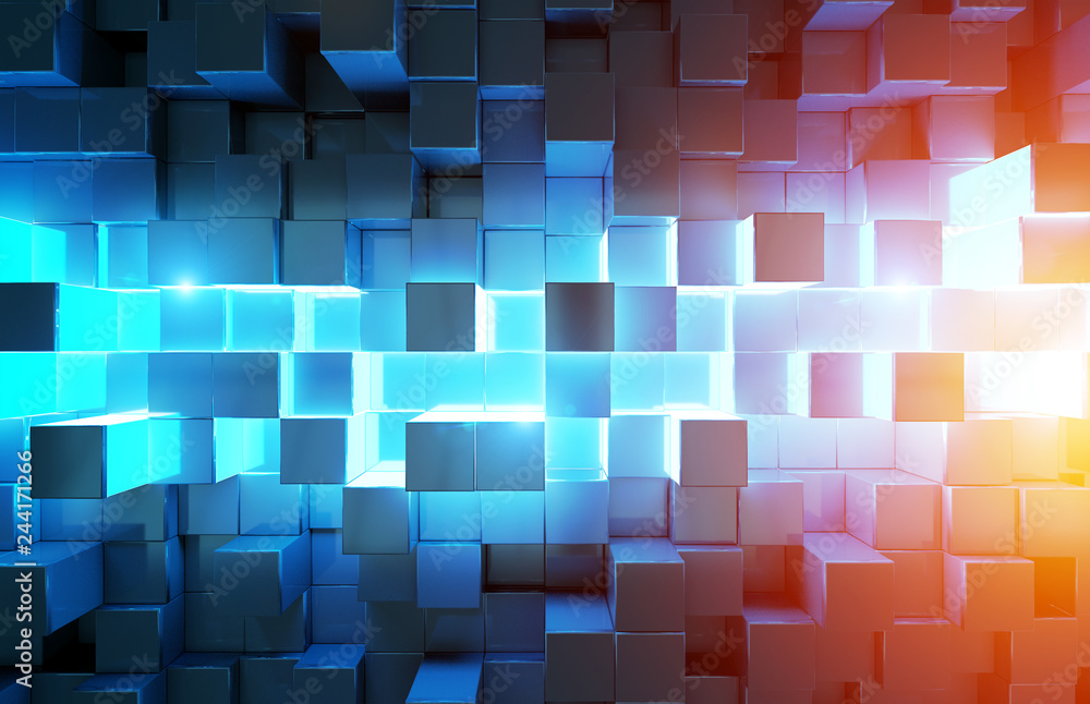 Aufkleber glowing black blue and orange squares background pattern 3d rendering