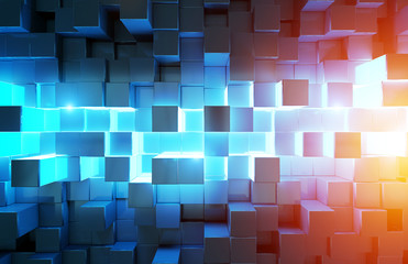 Glowing black blue and orange squares background pattern 3D rendering