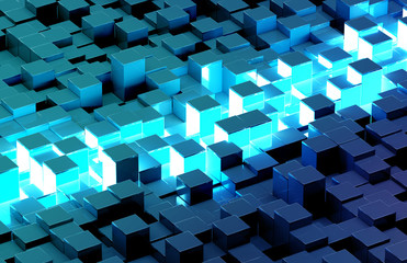 Glowing black and blue squares background pattern 3D rendering