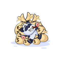 panda bear lies on bags of money and celebrates