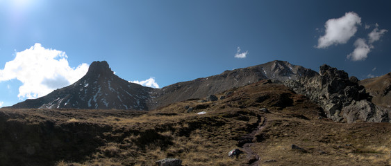 Spitzmeilen and Autumn Colours; ancient volcano above Flumserberg, Swiss Alps