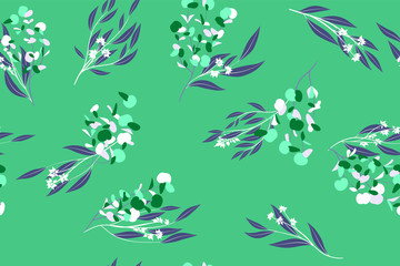 Tropical Seamless Pattern. Vector Eucalyptus Leaves and Beautiful Floral Elements. Botanical Summer Background. Elegant Tropical Seamless Pattern for Wedding Design, Print, Textile, Fabric, Wrapping.