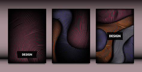 Abstract Wavy Shapes with 3d Effect. Cover Design Templates Set with Vibrant Gradient and Wavy Stripes in Minimal Style. Vector Abstraction with Distorted Lines. Wavy Shapes for Cover, Brochure, Book