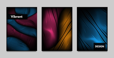 Geometry. Abstract Background Set With Movement and Volume Effect. Covers with Vibrant Gradient and Wavy Lines. Trendy Futuristic Illustration with Distort. Abstract Geometry for Brochure, Business.