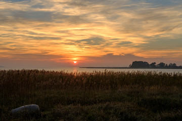 Lichtstimmung am Abend bei Zarrenzin mit Blick zur Insel Bock im Nationalpark Vorpommersche Boddenlandschaft, Mecklenburg Vorpommern, Deutschland