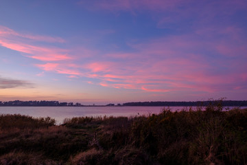 Lichtstimmung am Abend bei Zarrenzin mit Blick zur Insel Bock im Nationalpark Vorpommersche Boddenlandschaft, Mecklenburg Vorpommern, Deutschland