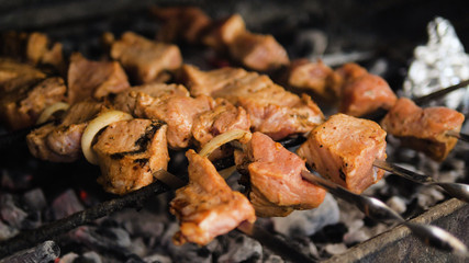 meat skewers on the barbecue coals. Barbecue in the open air. Shish kebab from pork on coals