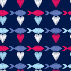 Fototapeta na wymiar Seamless pattern with decorative hearts and fish with a dashed texture. Valentine's day. Vector illustration. Can be used for wallpaper, textile, invitation card, web page background.