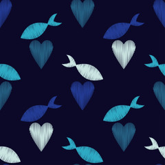 Seamless pattern with decorative hearts and fish with a dashed texture. Valentine's day. Vector illustration. Can be used for wallpaper, textile, invitation card, web page background.