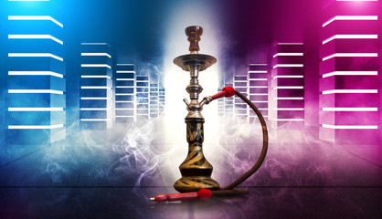 Hookah smoking on the background of an empty dark room, a corridor with neon glowing piles....