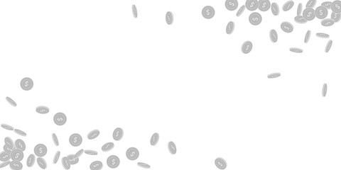 American dollar coins falling. Scattered black and