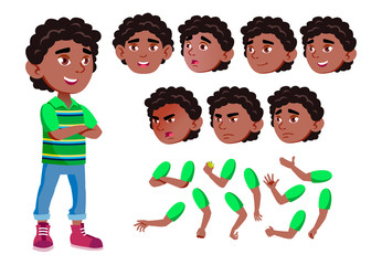Black, Afro American Boy, Child, Kid, Teen Vector. Joy. Comic. Face Emotions, Various Gestures. Animation Creation Set. Isolated Flat Cartoon Character Illustration